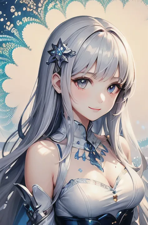(masterpiece, highest quality, highest quality, Official Art, beautifully、beautiful:1.2), (1 Girl:1.3), (Fractal Art:1.3),girl，beautiful，An innocent smile，Silver Hair，Long Hair，Princess，Smooth Hair，Noble princess dress，Glitter hair ornaments，Upper Body，I a...