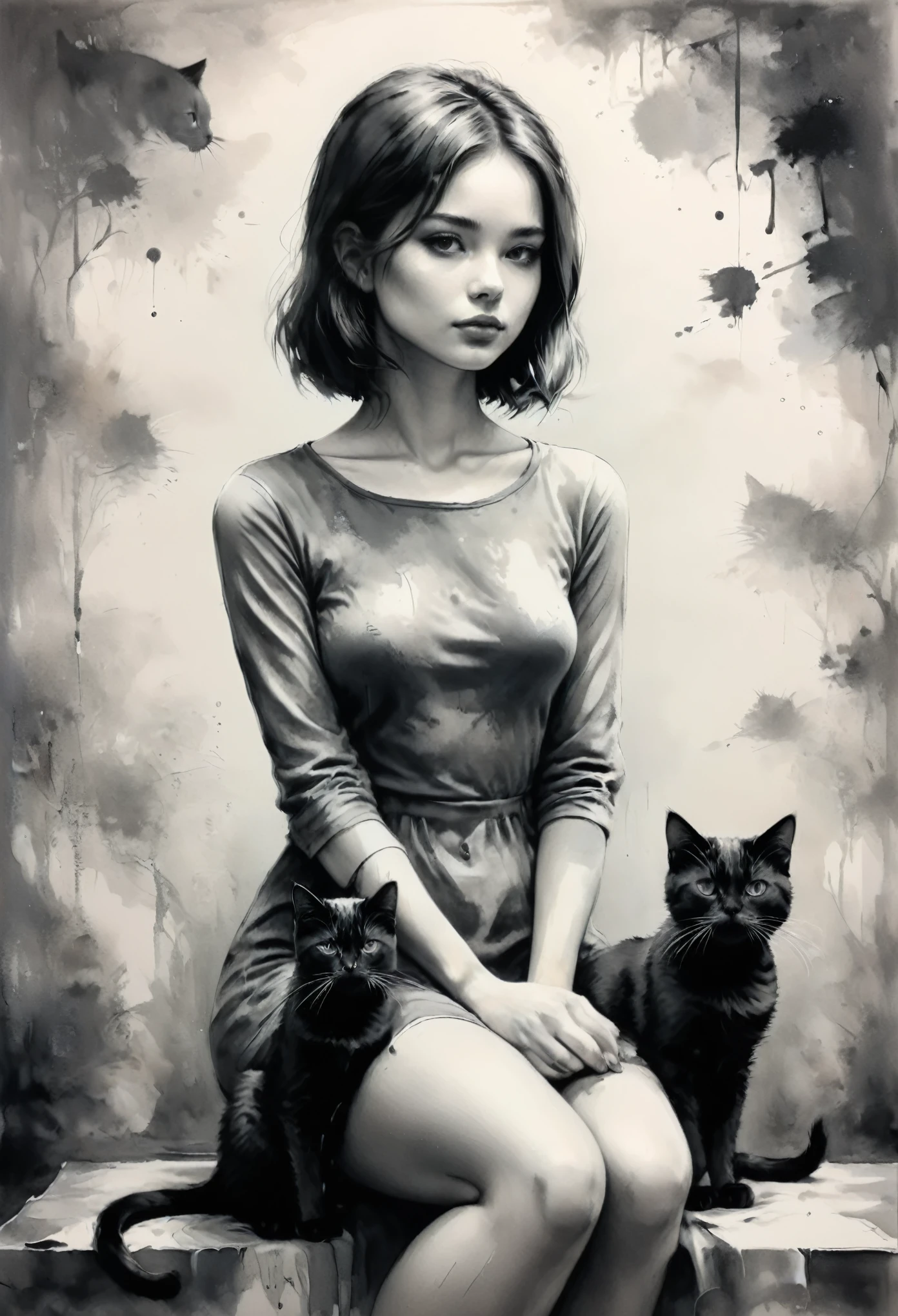 a girl with cat, Ink style painting, Ink Style Figure, warm atmosphere, minimalism, monochrome, Grayscale, clear lines, (best quality, masterpiece, Representative work, official art, Professional, Ultra high detail, 8k)