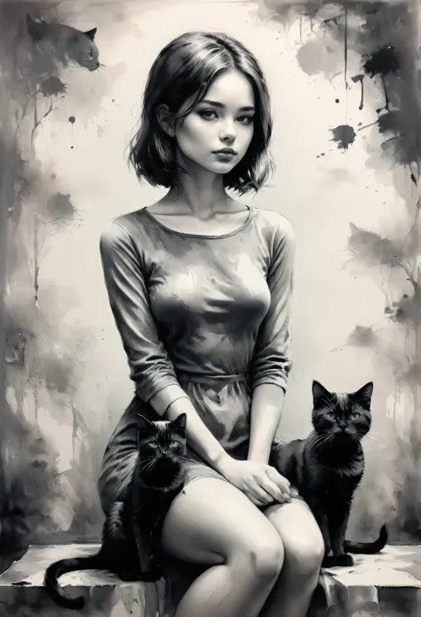 a girl with cat, Ink style painting, Ink Style Figure, warm atmosphere, minimalism, monochrome, Grayscale, clear lines, (best qu...