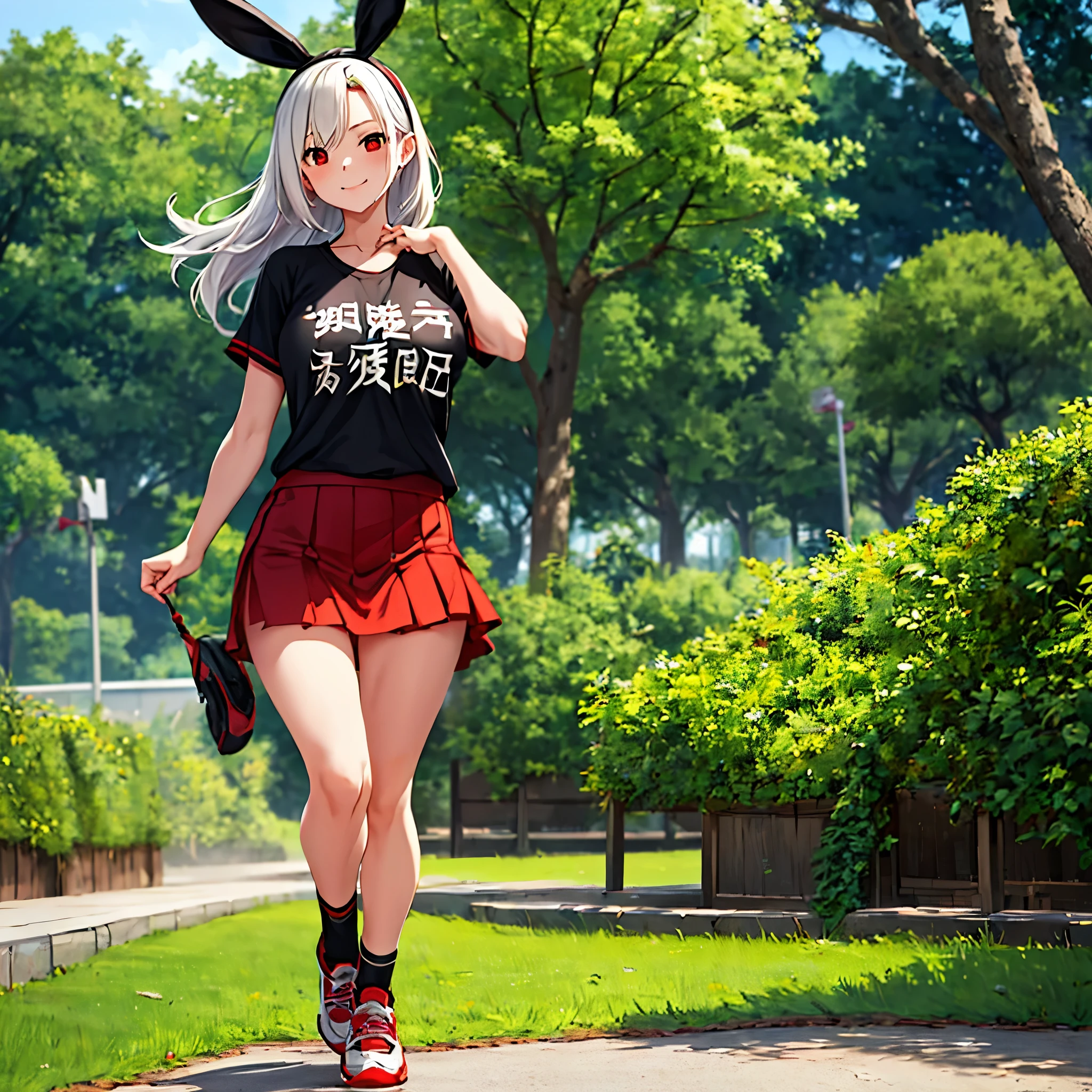 a woman wearing black casual shirt with kanji writing on the shirt, short red skirt, sports sneakers, walking on a walk in a German custom park, daytime location, red eyes, long white hair, chintz in her hand, smiling, headband rabbit black on the head,HDR, ultra resolution, clear, masterpiece, 8K HD (woman solo)
