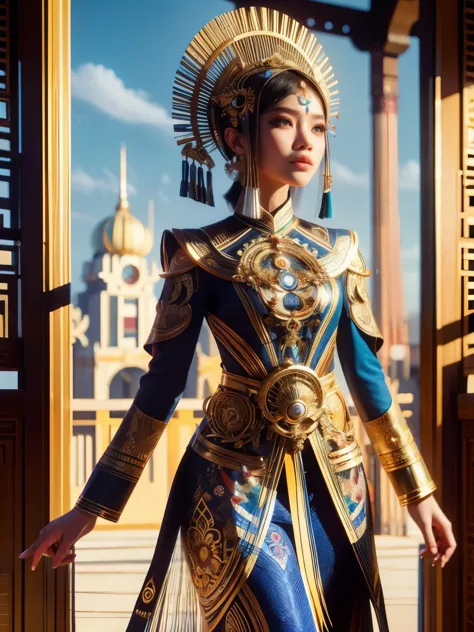 an indonesian-styled futuristic suit worn by a girl depicting cultural fusion and modern fashion. the suit is adorned with intri...