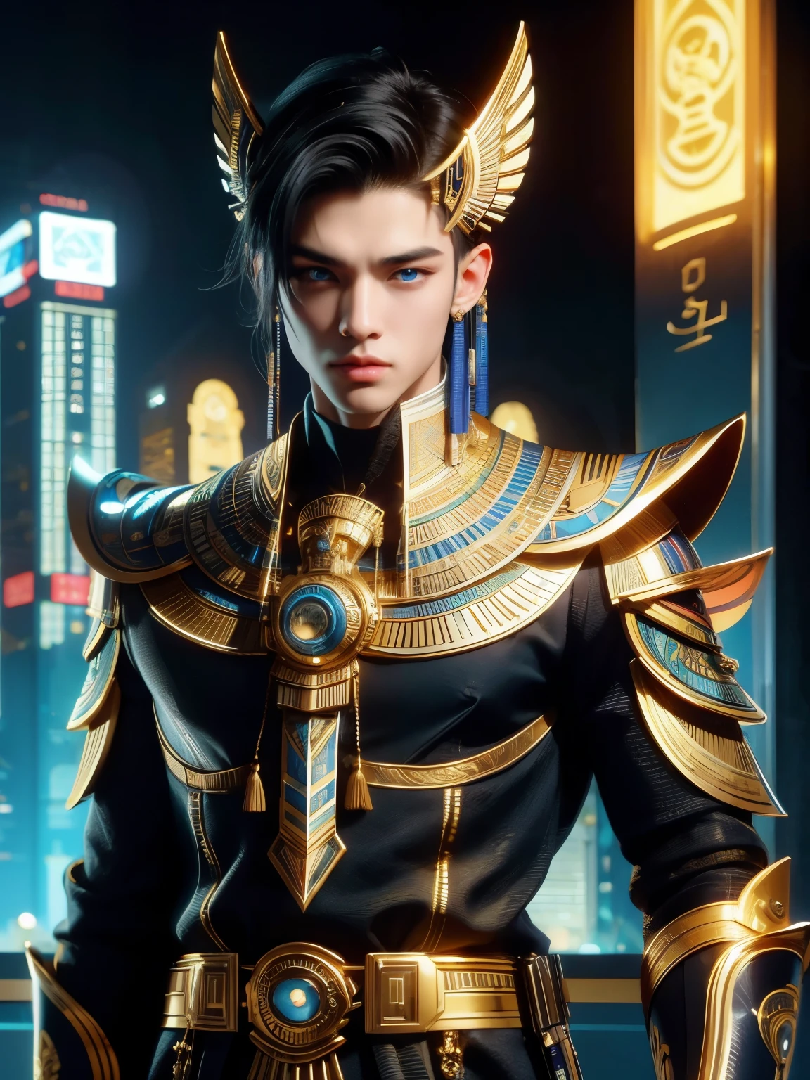 (high quality), (masterpiece), (detailed), 8K, Hyper-realistic illustration depicts (Japanese boy1.3) with striking (vibrant blue eyes1.2) and (jet-black hair1.2) styled in a trendy (undercut1.2), dressed in a fusion of (traditional Egyptian pharaonic attire1.2) and (futuristic armor1.2) adorned with (intricate hieroglyphic patterns1.2) and (glowing golden accents1.2). He stands in a (modern Cairo cityscape1.2) with (neon-lit skyscrapers1.2) and (holographic advertisements1.2) surrounding him, exuding a sense of (cutting-edge technology1.2) and (cultural fusion1.2). In the style of Amr Elshamy, trending on DeviantArt.