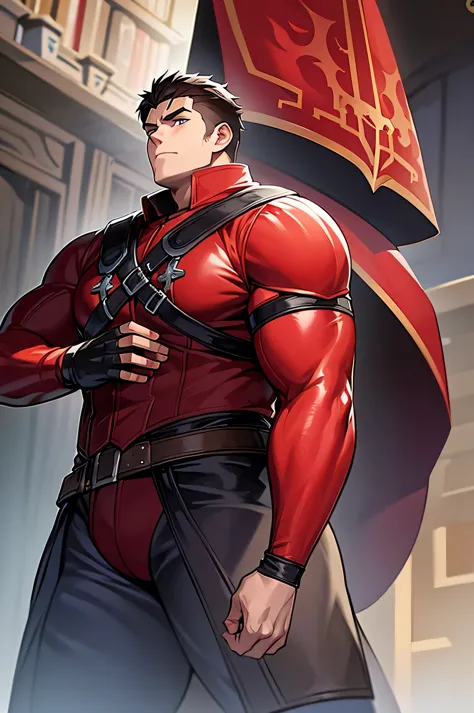 Adventurers Uniform, red clothing, black coat, young man, 20 years, light brown hair, short hair, blue eyes, detailed eyes, beautiful eyes, muscular,  Big Breasts, Body full of huge and voluminous muscles, (300 lbs) tall, 6.3 foot tall, serious pose, stron...