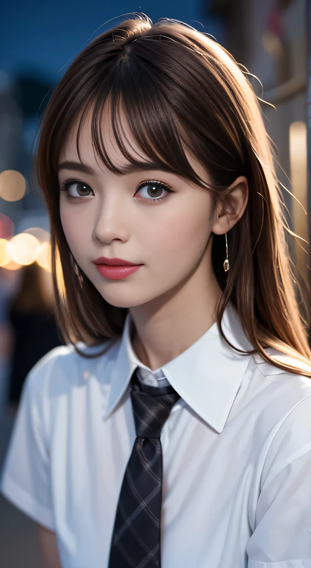 masterpiece, best quality, 8k, 85mm portrait, absurdres, beautiful girl, (night, upper body:1.5), cute, street, (school uniform, white shirt, short sleeve, dark brownish grey pleated skirt, dark grey tie:1.2), long hair, slender, neon, (Lianyungang, Akishima, Yeonggwang:0.4), no makeup, (dark red tie:1.2), perspective, depth of field, ultra realistic, highres, photography, sharp focus, HDR, facelight, dynamic lighting, highest detailed, extreme detailed, ultra detailed, finely detail, real skin, delicate facial features, big smiling, ,