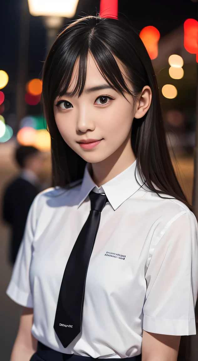 masterpiece, best quality, 8k, 85mm portrait, absurdres, beautiful girl, (night, upper body:1.5), cute, street, (school uniform, white shirt, short sleeve, dark brownish grey pleated skirt, dark grey tie:1.2), long hair, slender, neon, (Lianyungang, Akishima, Yeonggwang:0.4), no makeup, (dark red tie:1.2), perspective, depth of field, ultra realistic, highres, photography, sharp focus, HDR, facelight, dynamic lighting, highest detailed, extreme detailed, ultra detailed, finely detail, real skin, delicate facial features, shy smiling, ,