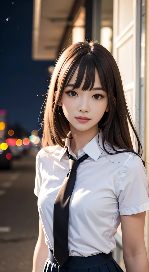 masterpiece, best quality, 8k, 85mm portrait, absurdres, beautiful girl, (night, upper body:1.5), cute, street, (school uniform, white shirt, short sleeve, dark brownish grey pleated skirt, dark grey tie:1.2), long hair, slender, neon, (Lianyungang, Akishima, Yeonggwang:0.4), no makeup, (dark red tie:1.2), perspective, depth of field, ultra realistic, highres, photography, sharp focus, HDR, facelight, dynamic lighting, highest detailed, extreme detailed, ultra detailed, finely detail, real skin, delicate facial features, shy smiling, ,