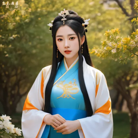 arafed asian （（（college student））） with long black hair wearing a white and orange dress, palace ， a girl in hanfu, white hanfu,...