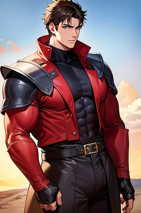 Adventurers Uniform, red clothing, black coat, young man, 20 years, light brown hair, short hair, blue eyes, detailed eyes, beautiful eyes, muscular,  Big pecs, Body full of huge muscles, (300 lbs) tall, 6.3 foot tall, serious pose, strong, masterpiece, de...