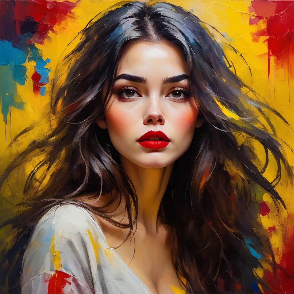 黄色い背景の美しい女性, 長い髪, ボサボサの髪, 真っ赤な唇, 明るい色, カラフルな筆致, 油絵スタイル, 表現力豊かな, 抽象的な, 上級, 感情に満ちた, 神秘的な照明, 劇的, そして深い悲しみ.
