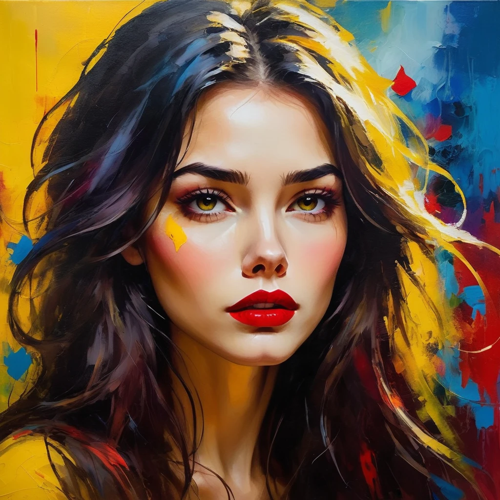 Una mujer hermosa con un fondo amarillo., pelo largo, Pelo despeinado, labios rojos llenos, Colores brillantes, pinceladas de colores, estilo de pintura al óleo, expresivo, Abstracto, nivel alto, lleno de emociones, iluminación misteriosa, dramático, y tristeza profunda.
