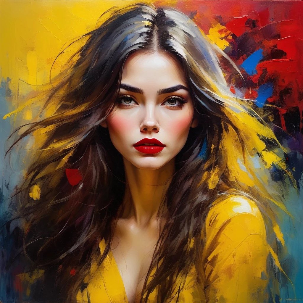 Una mujer hermosa con un fondo amarillo., pelo largo, Pelo despeinado, labios rojos llenos, Colores brillantes, pinceladas de colores, estilo de pintura al óleo, expresivo, Abstracto, nivel alto, lleno de emociones, iluminación misteriosa, dramático, y tristeza profunda.
