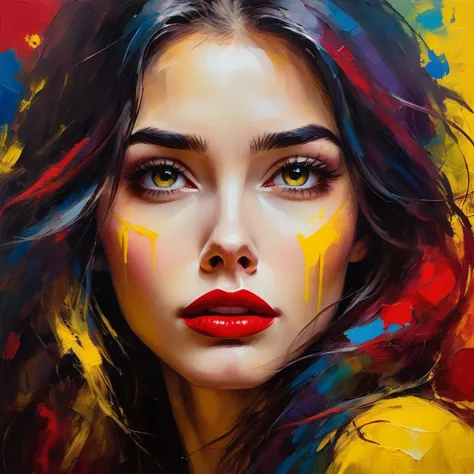 A beautiful woman with a yellow background, long hair, messy hair, full red lips, bright colors, colorful brushstrokes, oil pain...