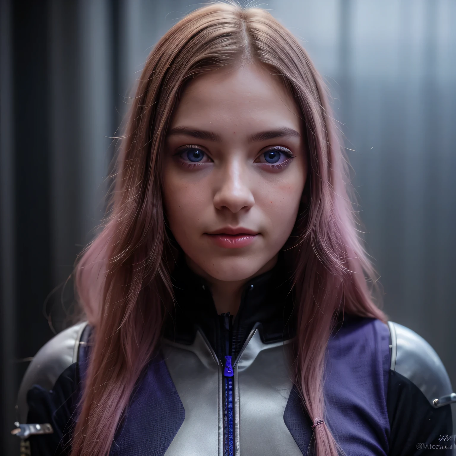 Photo of a college student, Purple Pink, futuristic spacesuit, (freckle:0.8) Cute face, Science Fiction, Dystopia, Delicate eyes, Heterochromia of the Eyes（（Cobalt blue background））