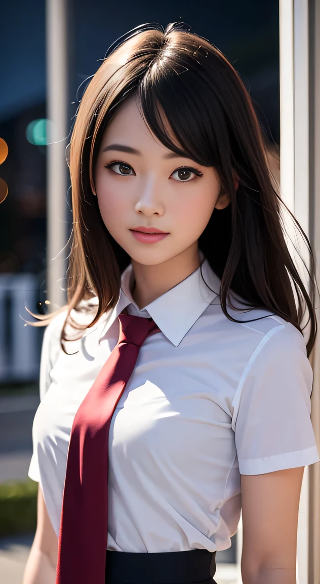 masterpiece, best quality, 8k, 85mm portrait, absurdres, beautiful girl, (night, upper body:1.5), cute, street, (school uniform, white shirt, short sleeve, dark brownish grey pleated mini skirt, dark grey tie:1.2), long hair, slender, neon, (Lianyungang, Akishima, Yeonggwang:0.4), no makeup, (dark red tie:1.2), perspective, depth of field, ultra realistic, highres, photography, sharp focus, HDR, facelight, dynamic lighting, highest detailed, extreme detailed, ultra detailed, finely detail, real skin, delicate facial features, shy smiling, ,