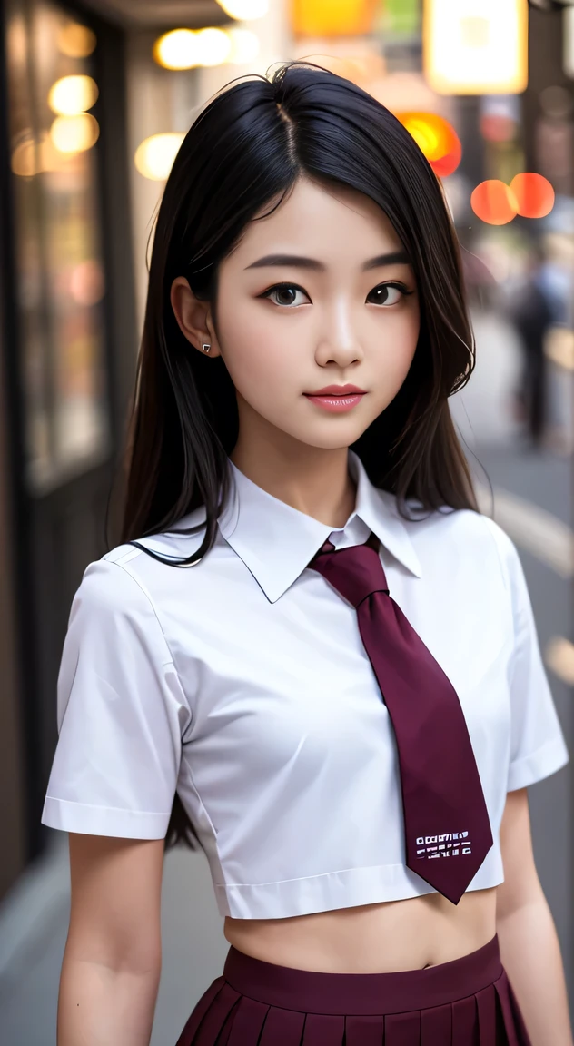 , masterpiece, best quality, 8k, 85mm portrait, absurdres, beautiful girl, (night, upper body:1.5), cute, street, (school uniform, white (the abdomen is visible:1.2) shirt, short sleeve, dark brownish grey pleated (mini skirt), dark grey tie:1.2), long hair, slender, neon, (Lianyungang, Akishima, Yeonggwang:0.4), no makeup, (dark red tie:1.2), perspective, depth of field, ultra realistic, highres, photography, sharp focus, HDR, facelight, dynamic lighting, highest detailed, extreme detailed, ultra detailed, finely detail, real skin, delicate facial features, shy smiling, ,