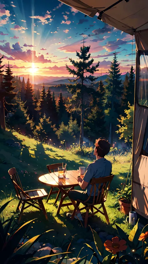 beautiful sunset, lover couples drinking coffee in chair facing the sun, BREAK (masterpiece, best quality:1.2), outdoors, nature...