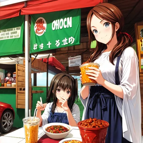 Woman wearing a poncho eating chili con carne at a Mexican food stall　highest quality