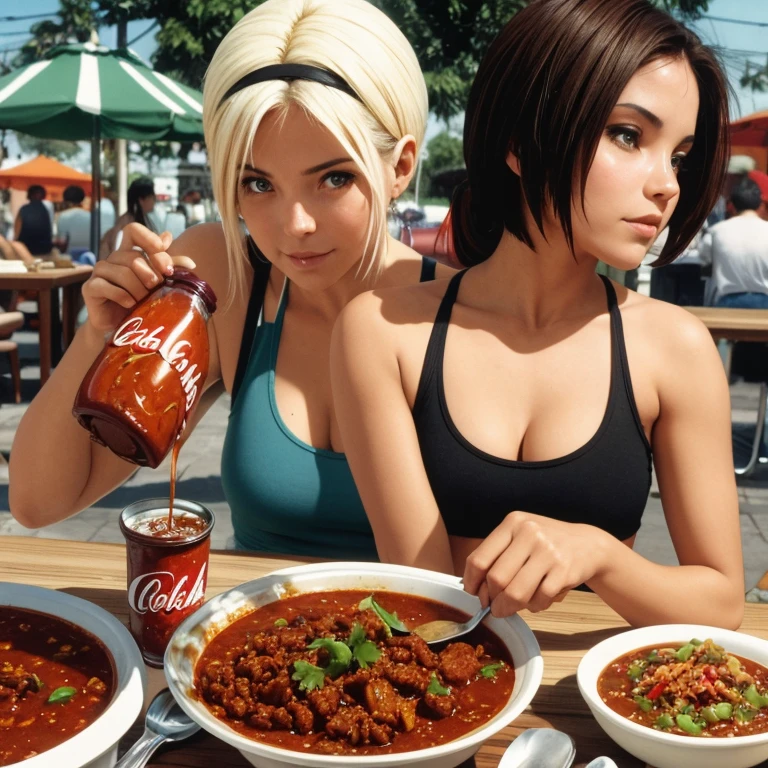 A woman in a tight tank top, tight hot pants and thong eating chili con carne at a Mexican food stall　highest quality　A bottle of cola is on the table　