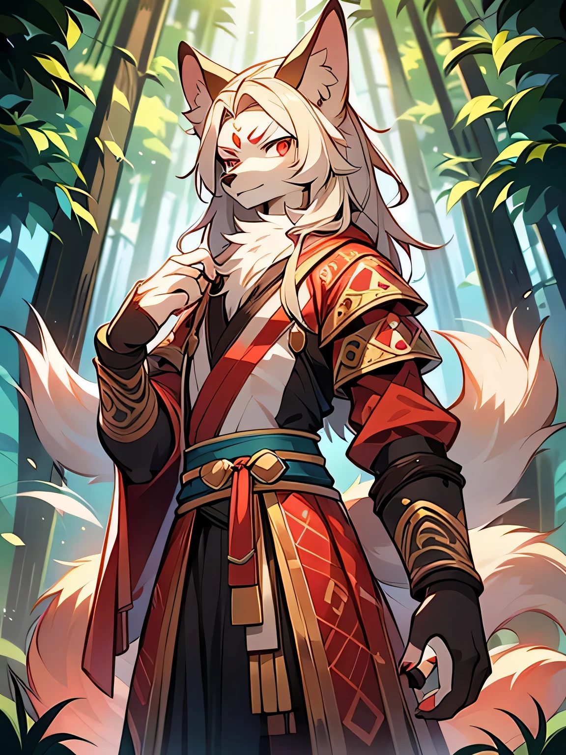 The male wolf is 160 cm tall， red eyes, , Long blonde hair, end,  perfect body figure，Red and black Ming Dynasty brocade clothing，very serious look，Two small ears， standing in forest