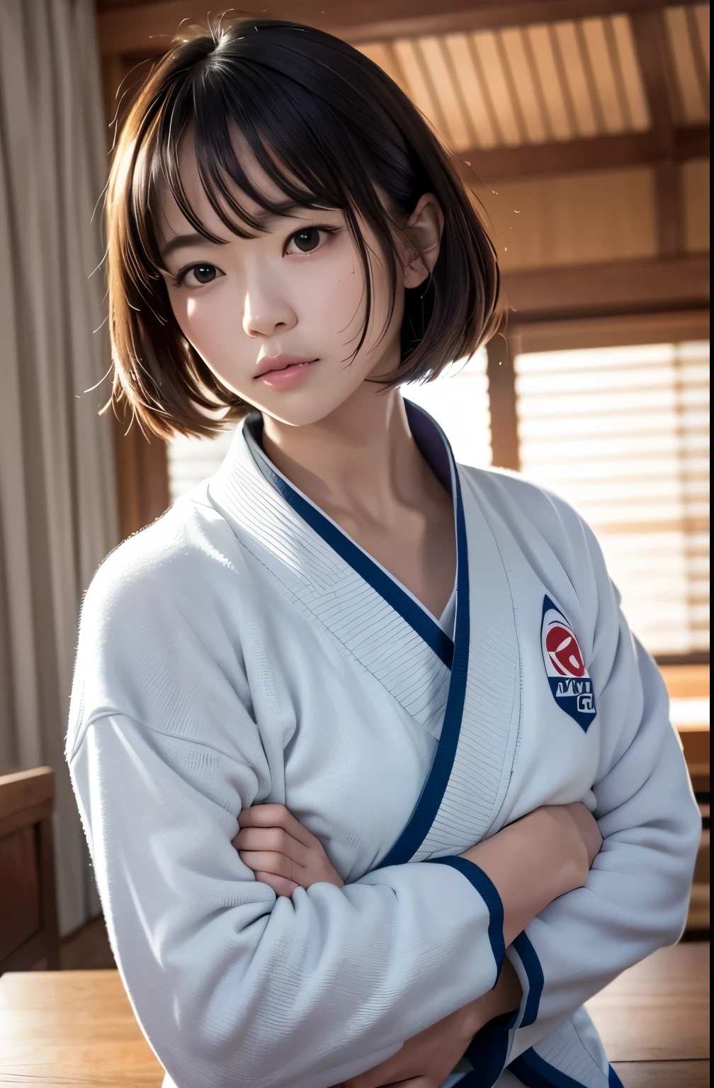 (8K、Raw photo、image quality、、、、、、table top:1.2)、(realistic、Photoreal:1.37)、Japanese cute female judoka、black belt white judo uniform、Upper body composition、front line view、dark tatami room、solemnity、intimidating appearance、dignified atmosphere、muscular upper body、An intimidating posture with arms crossed、bob hair 