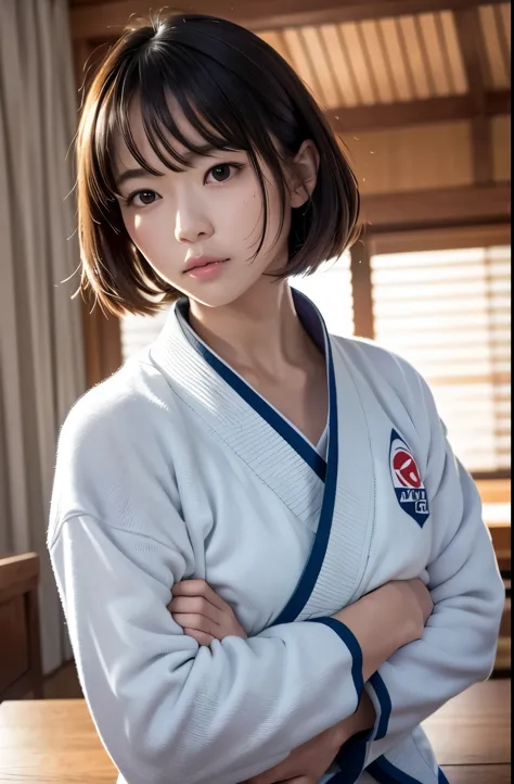 (8K、Raw photo、image quality、、、、、、table top:1.2)、(realistic、Photoreal:1.37)、Japanese cute female judoka、black belt white judo uni...