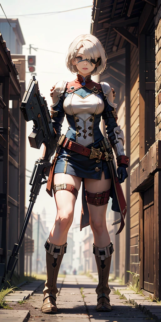 (version SFW) parfait UN oeil, visage parfait, éclairage parfait, 1fille, whsororitas matures avec un fusil laser dans les mains, cache-oeil over one eye, cache-oeil, coupe cheveux courts blancs, marteau de guerre 40k, Porter une armure assistée, debout, symétrique, regardant vers le spectateur, Vue d&#39;en bas, Hanches larges, épais, décoration de crâne sur les genoux, bottes militaires bootstraps, jambes jointes mais pas croisées