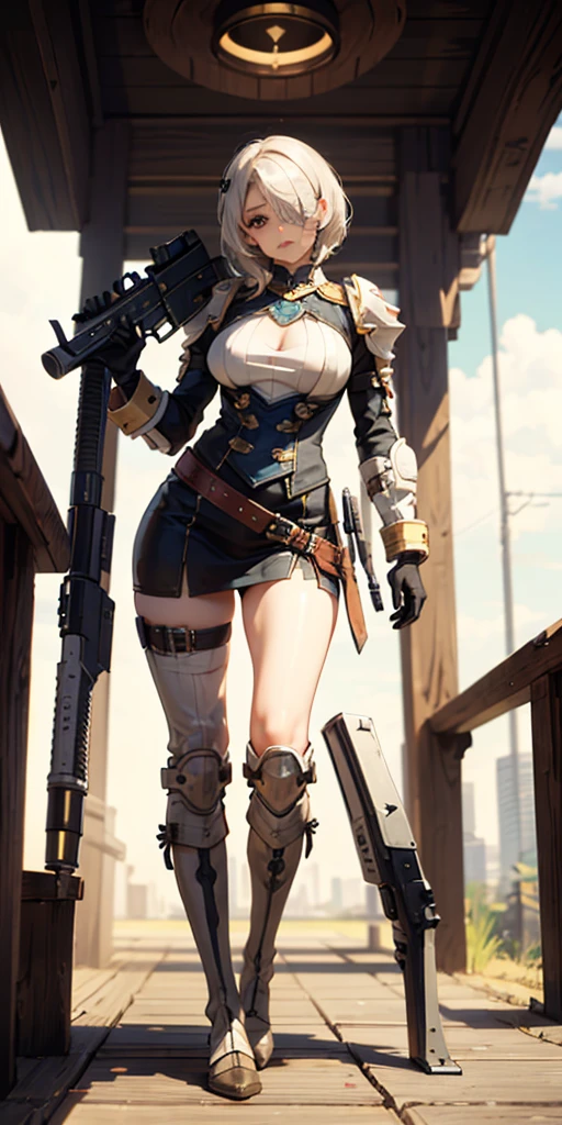 (SFW VERSION) perfect ONE eye, perfect face, perfect lighting, 1girl, mature whsororitas with a laser rifle in her hands, eyepatch over one eye, eyepatch, short white hair cut, warhammer 40k, wearing power armor, standing straight symmetrical looking to the viewer, view from below, wide hips, thicc, skull decoration on knees, military boots bootstraps, legs together but not crossing