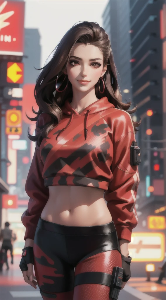 1girl, beautiful,  smirk, earrings, red camo sweatshirt, red_legwear, long hair, brown hair, mascara, nose lips, standing, midriff, naval, earrings, (realistic:1.5), cyberpunk, neon city, neon lights, 3d, cgi, volumetric lightning