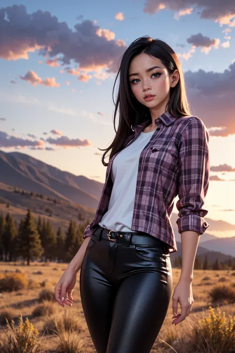 photorealistic style of a brunette with long hair in black leather pants and a plaid shirt against the backdrop of the Colorado ...