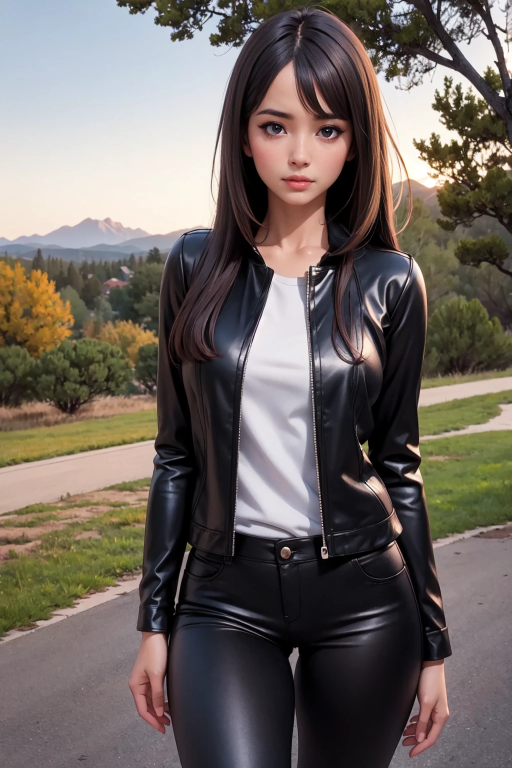 photorealistic style of a brunette with long hair in black leather pants and a plaid shirt against the backdrop of the Colorado Wild West landscape at sunset