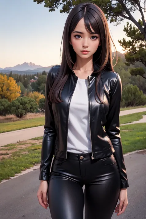 photorealistic style of a brunette with long hair in black leather pants and a plaid shirt against the backdrop of the Colorado ...