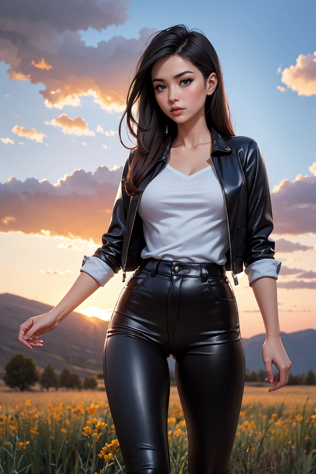 photorealistic style of a brunette with long hair in black leather pants and a plaid shirt against the backdrop of the Colorado Wild West landscape at sunset