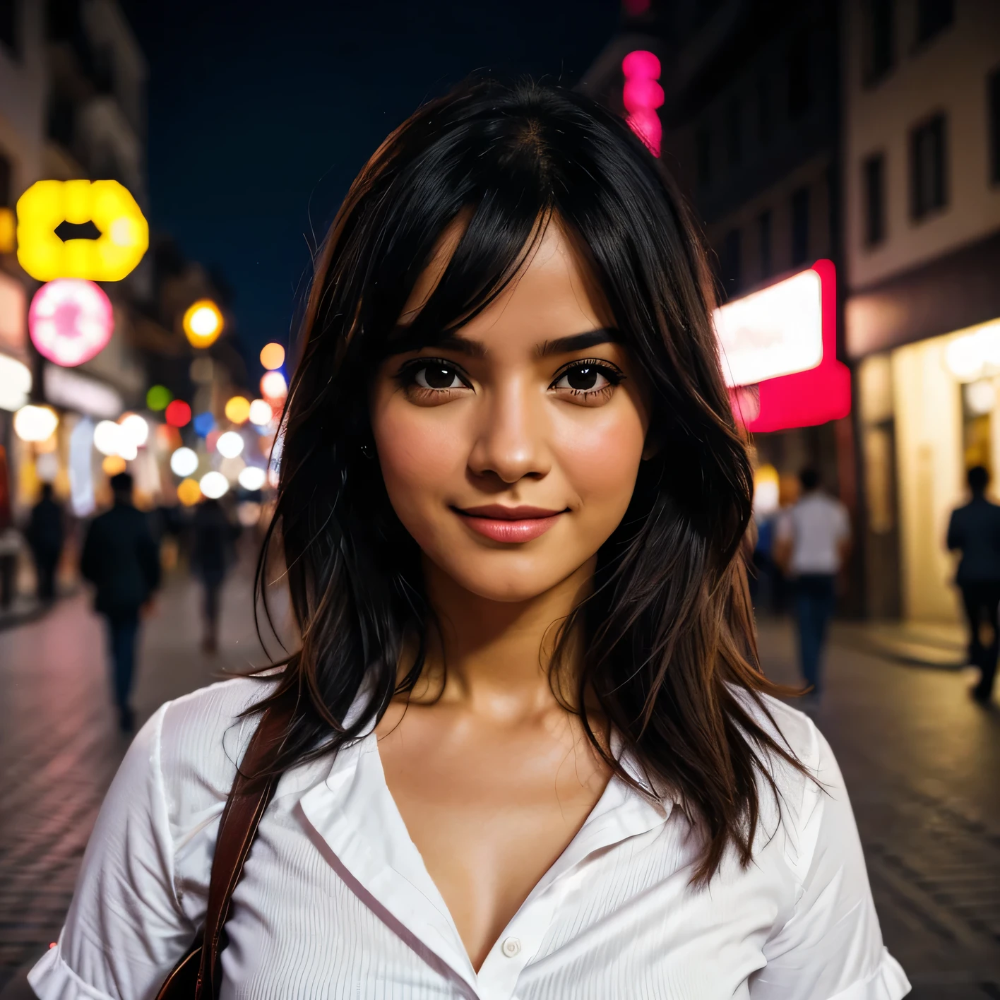 1girl, Long pink hair, red horns, white collar shirt, black tie, light smile, yellow eyes, Horny_can,, buildings,stores,Streets of the city, dark sky, landscape,neon signs,night city, Japanese letters,, , absurdities, detailed eyes, extremely detailed, volumetric illumination, realist, realistic lighting, 8k, cinematic lighting, depth of field, perfect, hyperdetailed, fotorrealist, ultra realist, Luz realist, hard lighting, intricate details, Stop Motion, tone mapping, Sharp focus, hyper detailed,