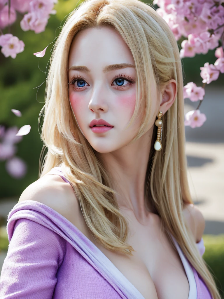 (masterpiece), best quality, 1girl, looking at viewer, (sion)\(shippuden\), parted lips, wind lift, bottomless, Green white fabric ,blonde hair, long hair, purple eyes, solid eyes, big breast masterpiece, absurdres,sion\(naruto the movie ), 1girl, solo,mature female, off-shoulder oversized shirt, looking at viewer, (falling petals), perfect composition, detailed lips, big breast, beautiful face, body propotion, blush, (pink lips), long hair,  purple eyes,  soft gaze,  super realistic, detailed, photoshoot, realistic face and body,martial art,