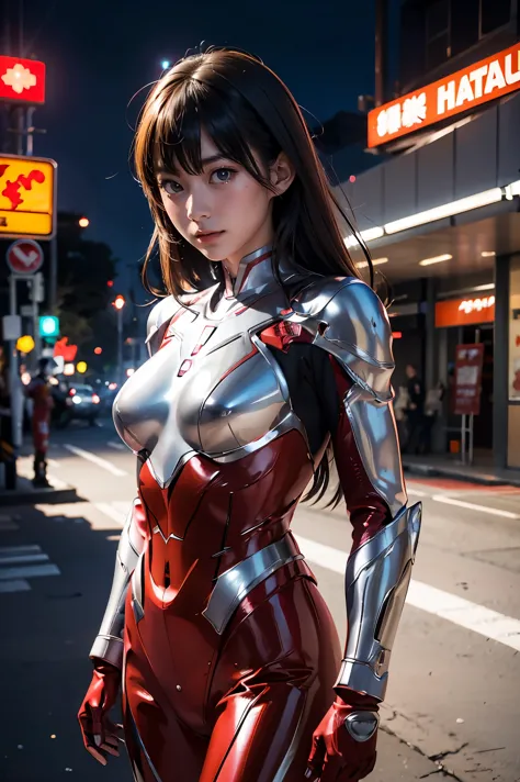 Ultraman、realistic、realistic、cinematic lighting, Girl in a shiny red and silver suit、15 years old、professional photos、Don&#39;Do...