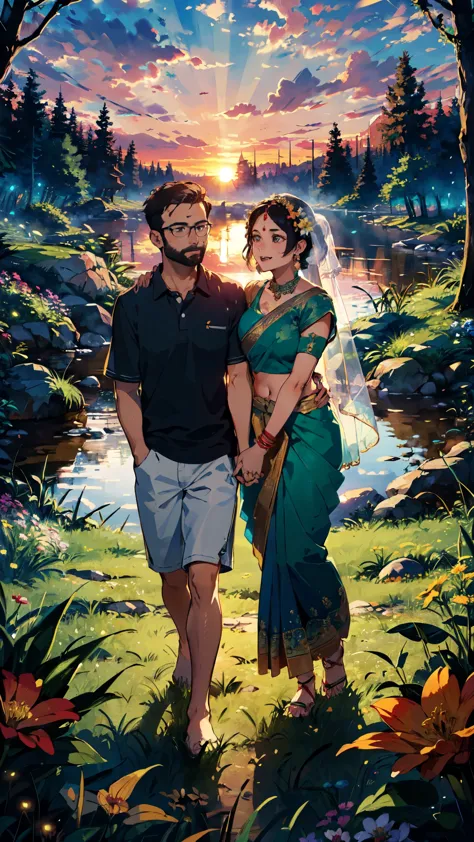 beautiful sunset, hindu temple, newly married south indian couple in traditional saree and doti outfit, decorative flower garland in thier neck, BREAK (masterpiece, best quality:1.2), outdoors, nature, forest, pines, grass, tall grass, detailed grass, plan...