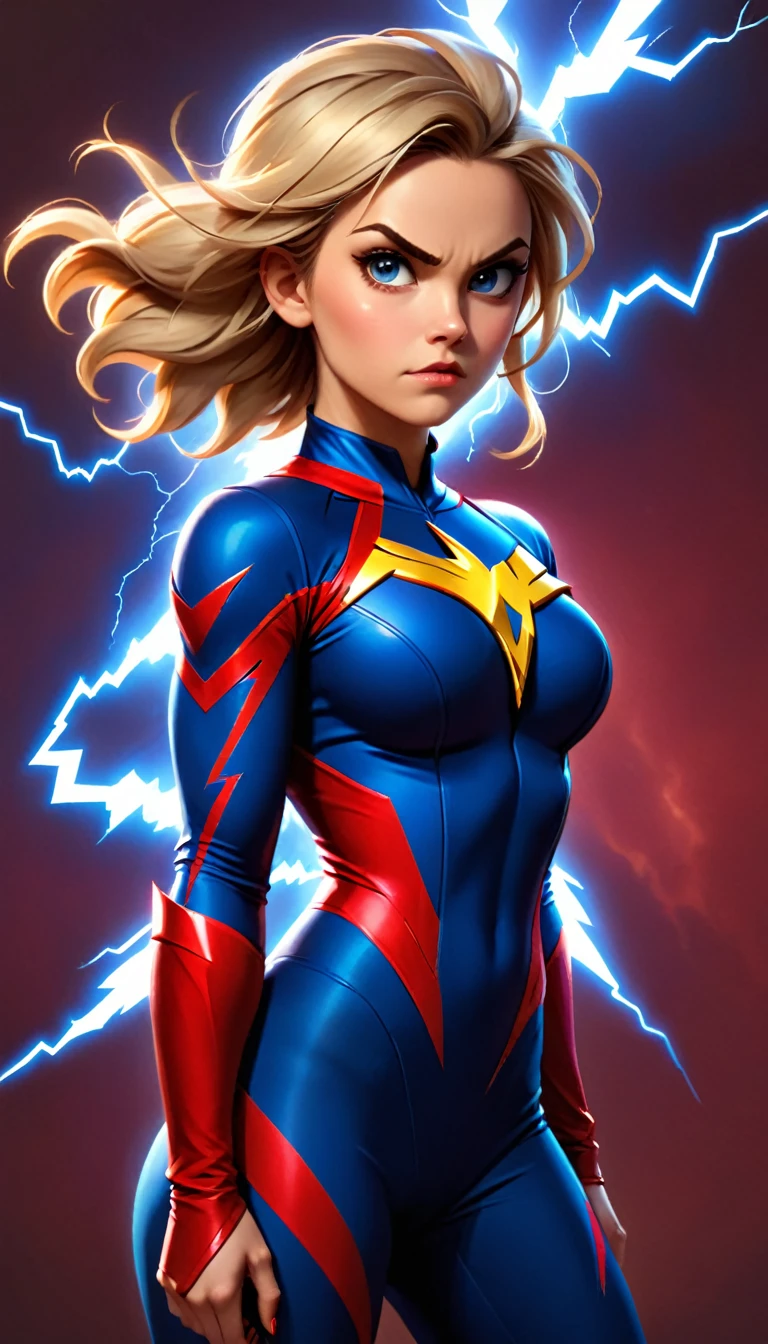 uma mulher com longo, cabelo loiro fica na frente de um fundo inspirado em raios. Ela está vestida com um macacão azul e vermelho justo com um símbolo de raio, sugerindo que ela poderia representar uma super-heroína inspirada no Flash, devido ao logotipo específico e paleta de cores de seu traje. Seus ombros musculosos são visíveis, e ela tem uma expressão séria no rosto. A atmosfera da imagem está carregada de energia elétrica, complementado por elementos de raios que parecem emanar ao seu redor, contrastando com o fundo marrom escuro.