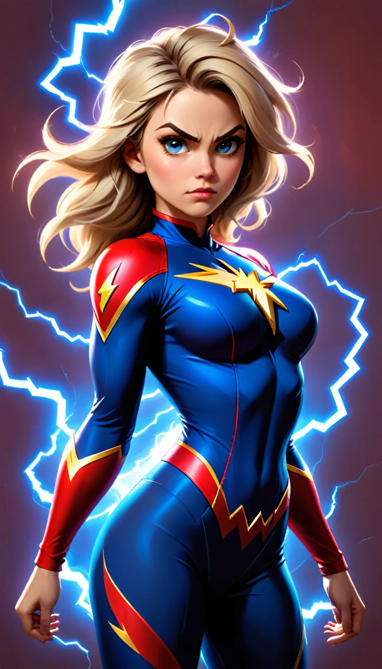 uma mulher com longo, cabelo loiro fica na frente de um fundo inspirado em raios. Ela está vestida com um macacão azul e vermelho justo com um símbolo de raio, sugerindo que ela poderia representar uma super-heroína inspirada no Flash, devido ao logotipo específico e paleta de cores de seu traje. Seus ombros musculosos são visíveis, e ela tem uma expressão séria no rosto. A atmosfera da imagem está carregada de energia elétrica, complementado por elementos de raios que parecem emanar ao seu redor, contrastando com o fundo marrom escuro.