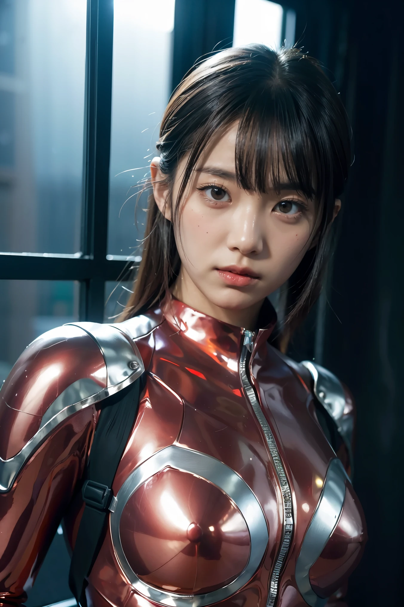 Ultraman、realistic、realistic、cinematic lighting, Girl in a shiny red and silver suit、15 years old、professional photos、Don&#39;Do not expose your skin, japanese model, japanese cgi、Ultraman Suit、, Power Rangers Suit、tight and thin cyber suit,Whole body rubbery、There&#39;s pink There、 delicate body, big breasts、small ass、thin thighs、thin arms、thin waist、camel toe、Both sides of the cyber suit stick to the skin、Big eyes、black short hair、facing the front、facing the front立っている、A glowing sphere is embedded in the chest.、Essay Examination、 blue sky background