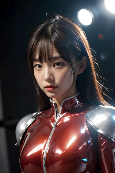 Ultraman、realistic、realistic、cinematic lighting, Girl in a shiny red and silver suit、15 years old、professional photos、Don&#39;Do...