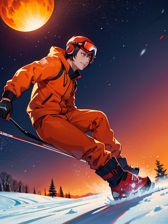 create a decorative snow globe, and inside the snow globe a 35 years old boy wearing orange-red headphones, chinese decent from Hong Kong, nerdy, no glasses, 1.78m tall, 65kg, tone muscle, see the sunset sky in an anime style, seen from a side view, skiing in Niseko, wearing orange-red ski jacket, orange-red ski goggles, mirror coated lens, orange-red ski pants, orange-red ski boots, orange-red ski, orange-red helmet, view from further away, skiing down slope in high speed