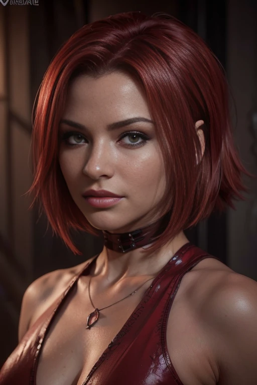 (best quality,4k,8k,highres,masterpiece:1.2), ultra-detailed, (realistic,photorealistic,photo-realistic:1.37), beautiful detailed eyes, beautiful detailed lips, extremely detailed face, long eyelashes, flawless skin, exquisite facial features, radiant complexion, captivating gaze, alluring smile, sensual lips, dark fantasy, a beautiful woman, finely crafted facial Rayne from game the BloodRayne features, intricate brush strokes, beautiful lighting, Cinematic, Color correction, stylized anatomy, short red hair, full body, evil smile and a look from under the brows, sensual atmosphere, artistic lighting