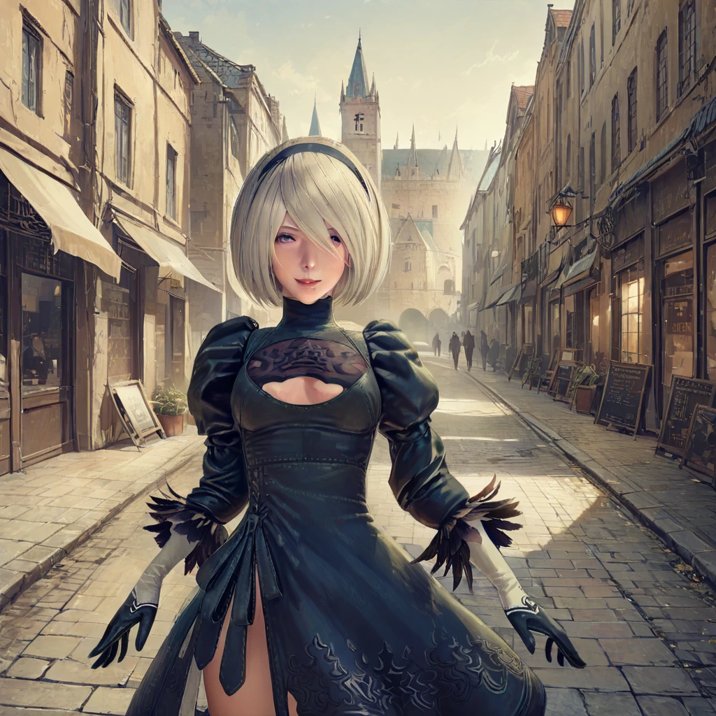 One Girl, Oh, (Round face), chest, Chest cleavage, Chest cleavage cutout, Dress cutout, Old western castle street background, Hair between the eyes, head band, , High resolution, Juliet Sleeve, Long sleeve, nier (series), nier automata, Fluffy sleeves, Red lips, Lips with raised corners of the mouth, Smiling Lips, Shadow Face, short hair, alone, Turtleneck sweater, whole body, l Blue-white silver hair, zero、A gravure shoot is being held in the street、Mr.々In an atmosphere、Cheerful、elegant、Alluring、Fascinating、bewitching、{{masterpiece、highest quality、(((Realistic、Realistic:1.37)))、8K quality}},