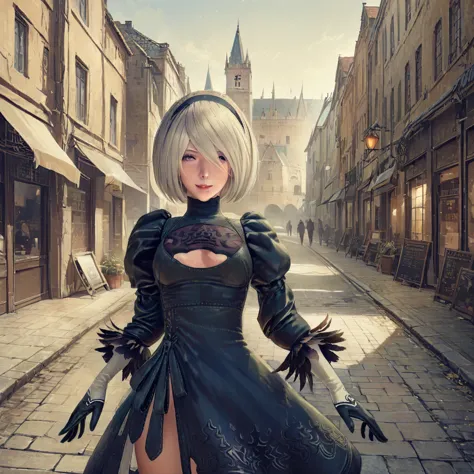 One Girl, oh, (Round face), chest, chestの谷間, chestの谷間 cutout, Dress cutout, Old western castle street background, Hair between t...