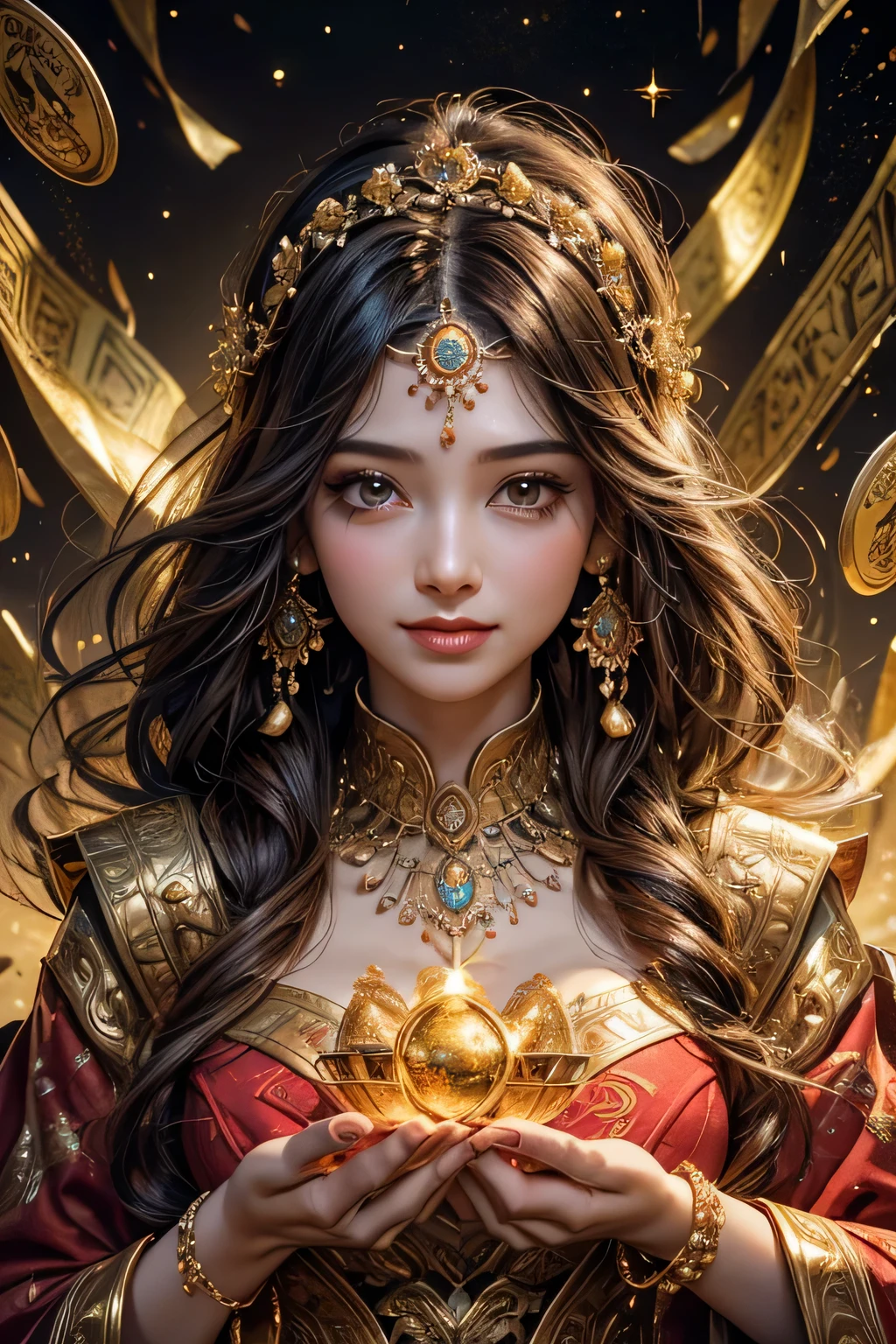 (highest quality,4K,8k,High resolution,masterpiece:1.2),Very detailed,High resolution,超High resolution,Studio Lighting,Physically Based Rendering,Bright colors,Bokeh,Rich landscape,god of wealth,Abundant gold coins,Glowing Treasure Chest,A compassionate smile,dreams come true,Magical Land,Festive atmosphere,lucky red envelope,infinite wealth,overflowing richness,thriving business,Fulfilled Desires,Positive Energy,Fun celebration,Blooming Flowers,Prosperity and good fortune,harmony and prosperity,Luxury Lifestyle,Shining Jewels,Extravagant Prosperity,wealth pouring down,Banking and investment growth,the power and blessings of the universe