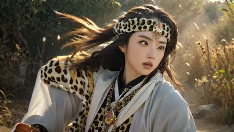 1girl,shangguanyan,nvshenlong,chinese woman,leopard print headdress,gold pendant,(solo:2),holding weapon,desert background,flyin...