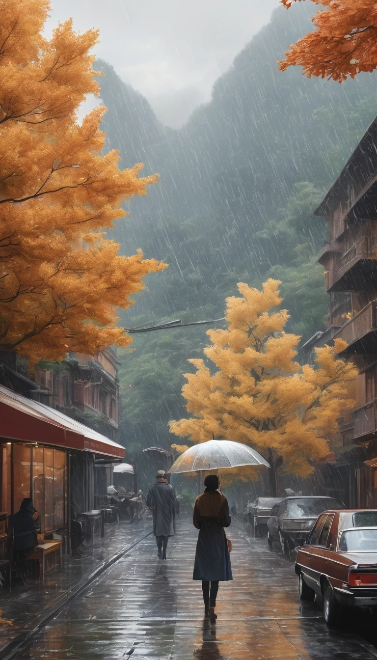 (best quality, 4k, Masterpiece, ultra detailed, hyperrealism), standing looking at the sky, rainy afternoon, many leaves in the air.