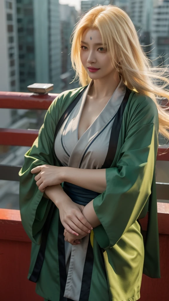 um close de uma pessoa com cabelo comprido e um quimono verde, Tsunade Senju, Tsunade Senju from anime naruto, as an personagem de anime, cara de anime perfeita, she has cabelo amarelo with bangs, female personagem de anime, personagem de anime, melhor garota de anime, penteado com corte Hime, cabelo amarelo, (lábios vermelhos brilhantes:1.3), olhos amarelos, sorriso, Fundo da cidade, (rosto bonito:1.3),  Retrato nu, fotografia nua,  roupas gastas,  dano de batalha, Sangue, mamilo brilhante 