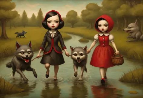 a painting on craft paper in the style of artist Mark Ryden, A quiet fabulous swamp, a cheerful gray wolf and a Cheerful Little ...