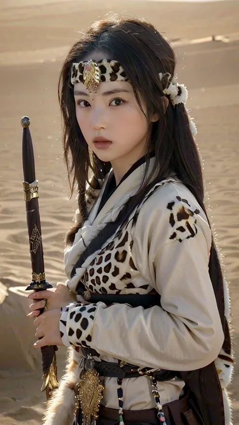 1girl,shangguanyan,nvshenlong,chinese woman,leopard print headdress,gold pendant,(solo:2),holding weapon,desert background,flyin...